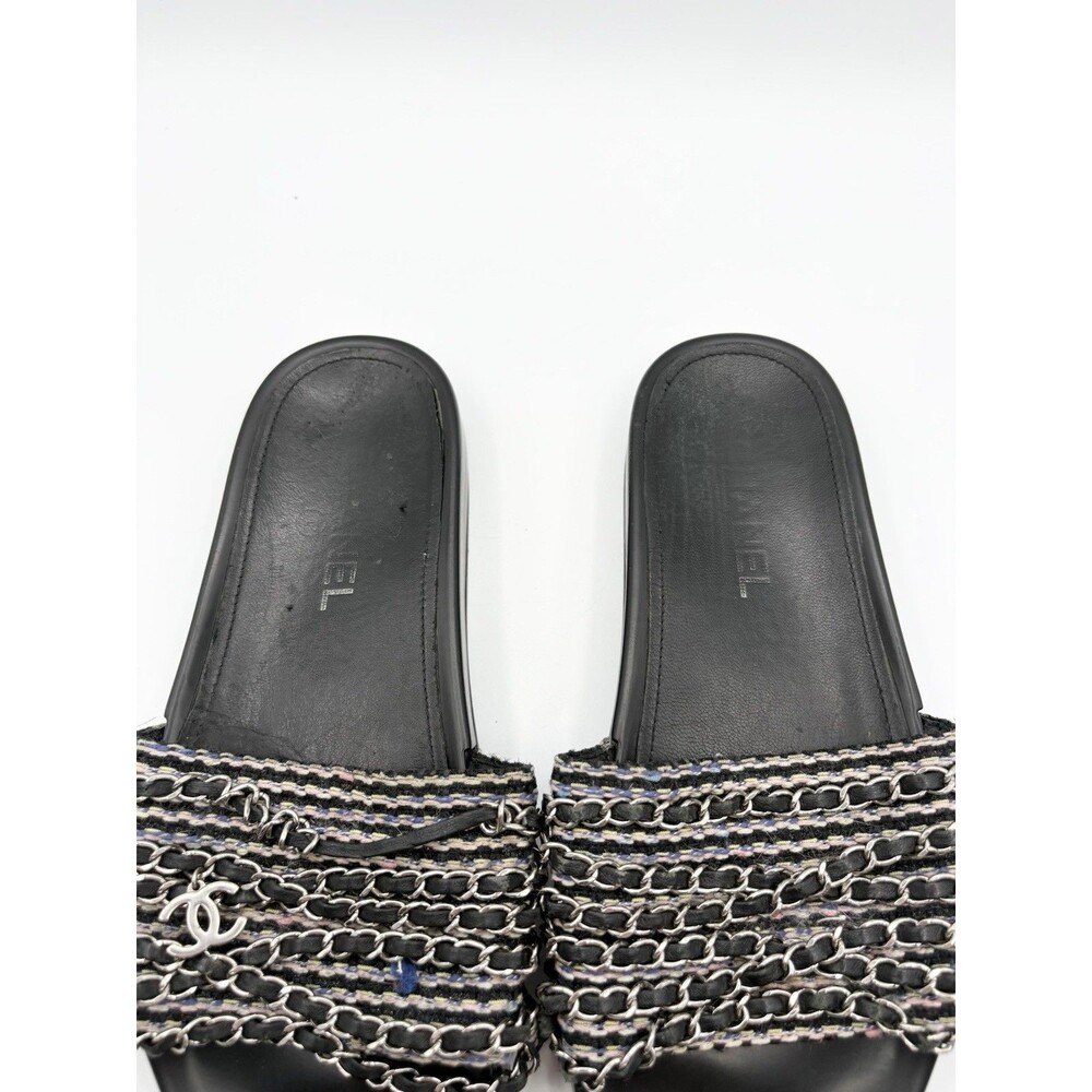 Chanel Black Tweed Tropiconic Chain Flat Slides Sandals Pink & Blue Accent EU 38 - Picture 8 of 11